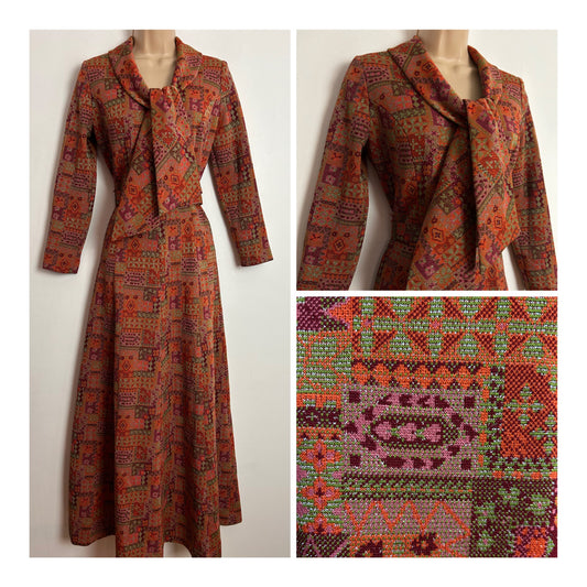 Vintage 1970s BERKERTEX UK Size 10 Orange Dark Red & Silver Lurex Abstract Print Scarf Neck Long Sleeve Belted Maxi Dress