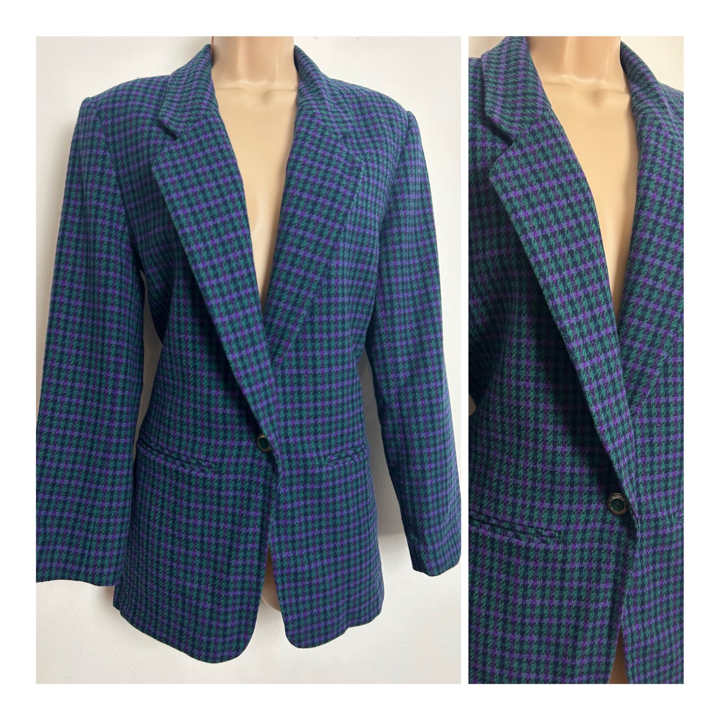 Vintage 1970s PENDLETON WOOLEN MILLS Size 10 Teal & Purple Virgin Wool Hounds Tooth Check Blazer