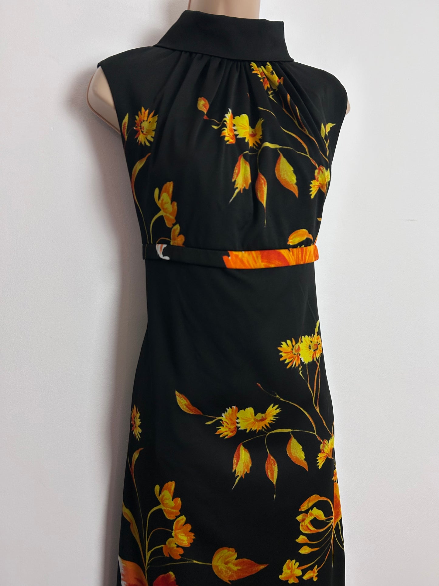 Vintage 1970s KIO UK Size 12 Gorgeous Black Orange & Yellow Tones Floral Print Scarf Back Occasion Maxi Dress