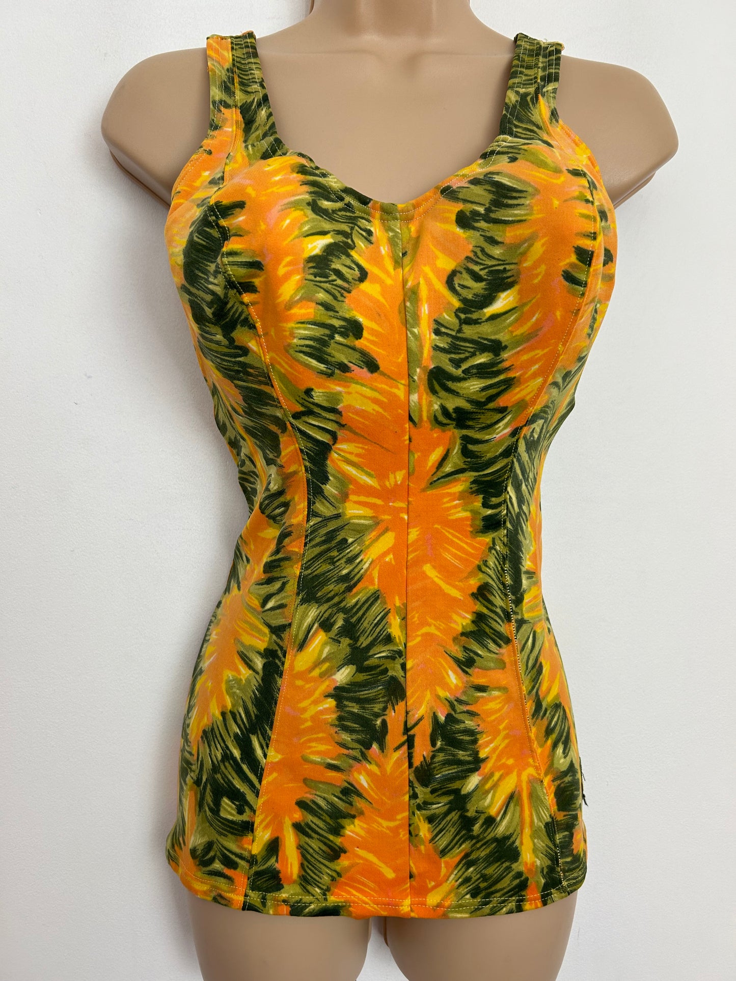 Vintage 1960s TRIUMPH FABIOLA UK Size 10 Orange & Green Abstract Print Skirted Swimsuit Bathing Costume