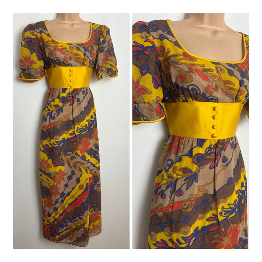 Vintage Early 1970s ROBERT DORLAND Size 6 Brown Yellow Red & Blue Psychedelic Floral Print Maxi Dress