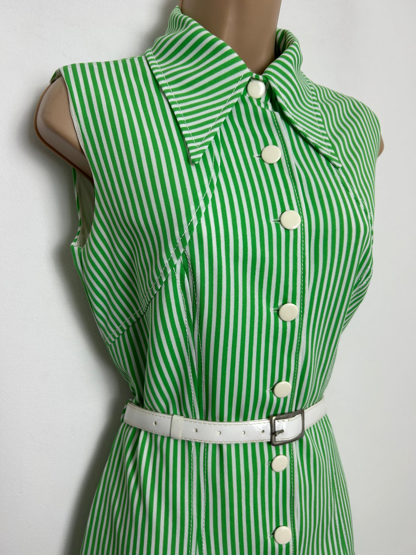 Vintage 1970s Size 10 Green & White Stripe Print Sleeveless Belted Fit & Flare Mod Dress