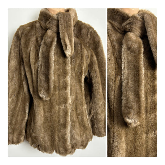 Vintage 1960s Size 10-12 Gorgeous Faux Fur Tie Neck Detail Winter Coat