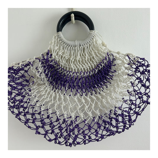 Vintage 1960s Fab Purple & White Plastic Woven String Shopping Bag
