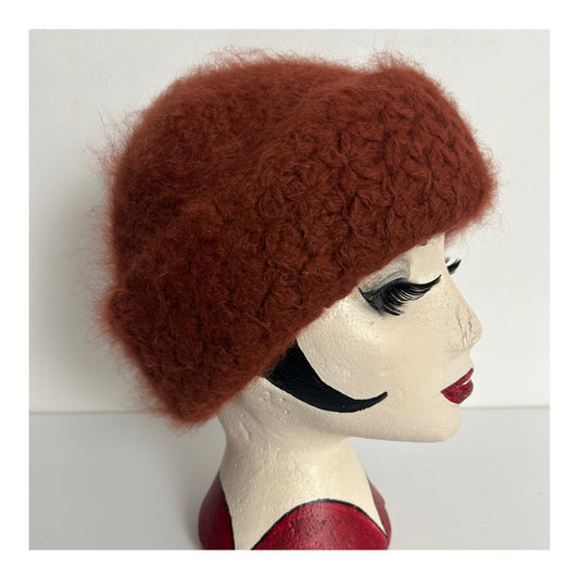 Vintage Handmade Dark Dusky Rusty Brown Angora & Wool Mix Chunky Knitted Winter Hat