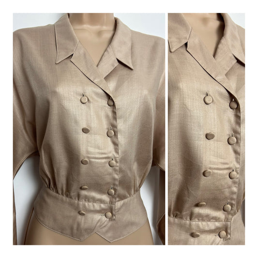 Vintage 1980s LADY MANHATTAN Size 10-12 Taupe Double Breasted Long Sleeve Blouse