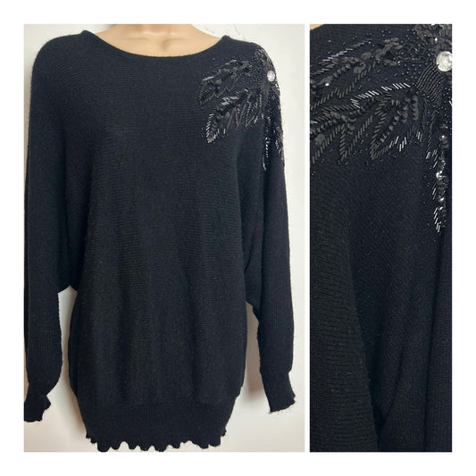 Vintage 1980s MISS ASTOR Up to Size 12/14 Black Bead Embellished Jumper