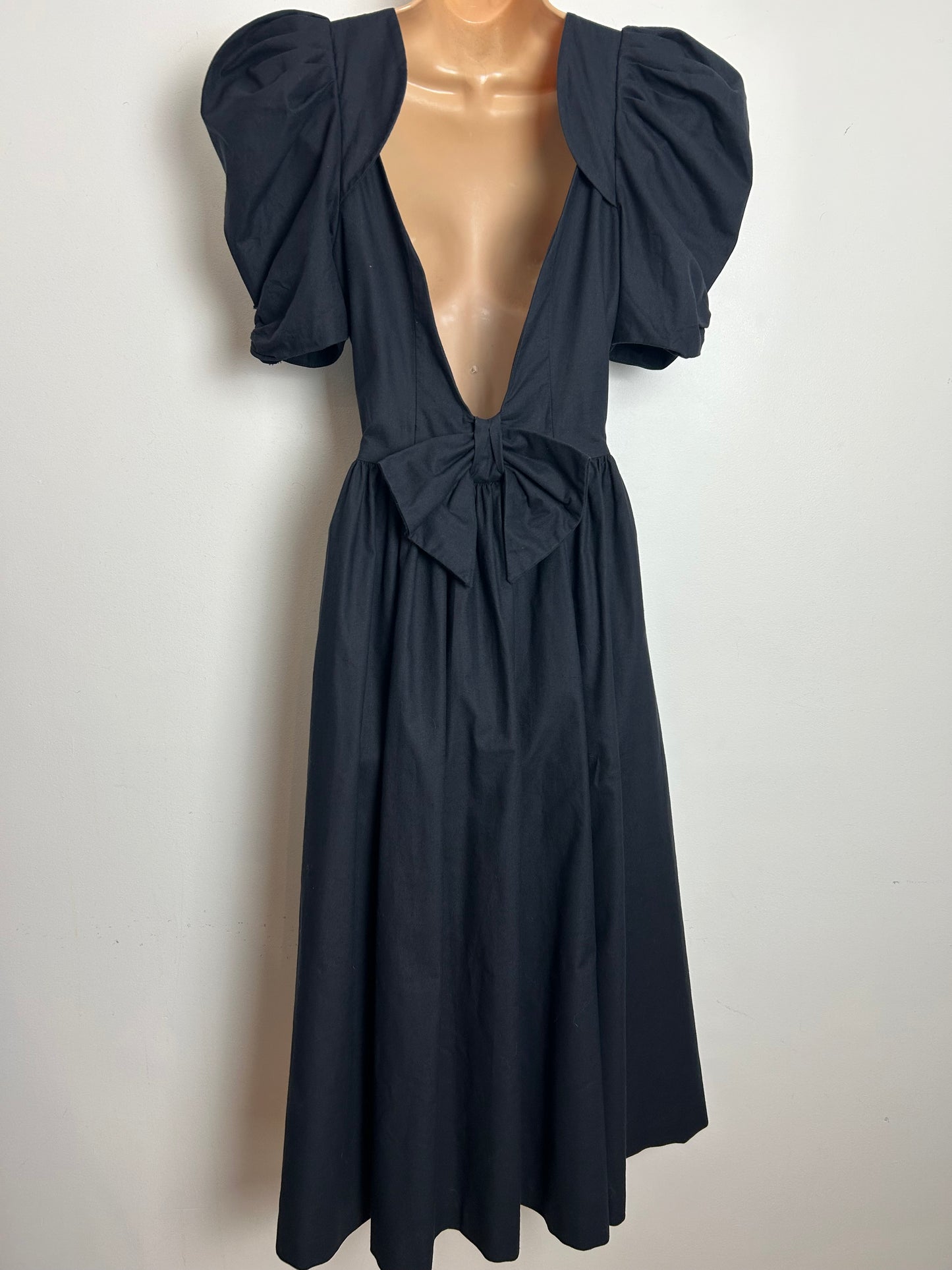 Vintage 1980s LAURA ASHLEY Size 12 (16 On Label) Black open Bow Back Puff Sleeve Midi Dress