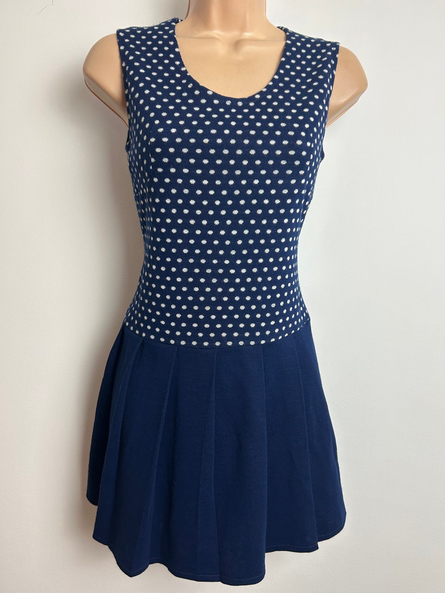 Vintage 1960s Size 8 Navy Blue Polka Dot Pleated Mini Mod Suit: Dress & Matching Jacket