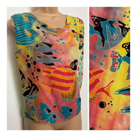Vintage 1980s Size 12 Yellow Pink Blue & Orange Fish Print Sleeveless Summer Top