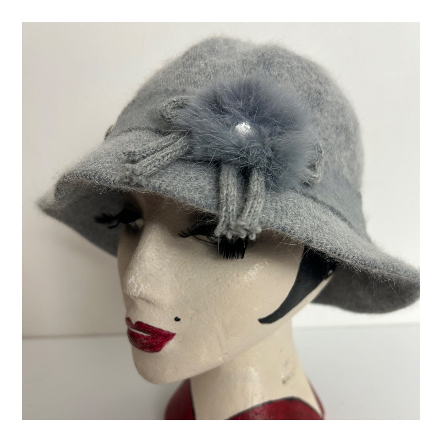 Vintage Grey Angora & Wool Mix Diamante & Felt Trim Trilby Style Hat