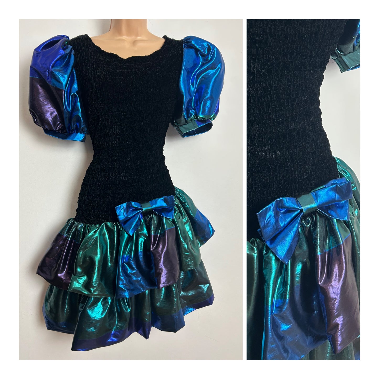 Vintage 1980s CHOU CHOU Size 10-12 Black Blue Green & Purple Velour & Taffeta Party Prom Dress