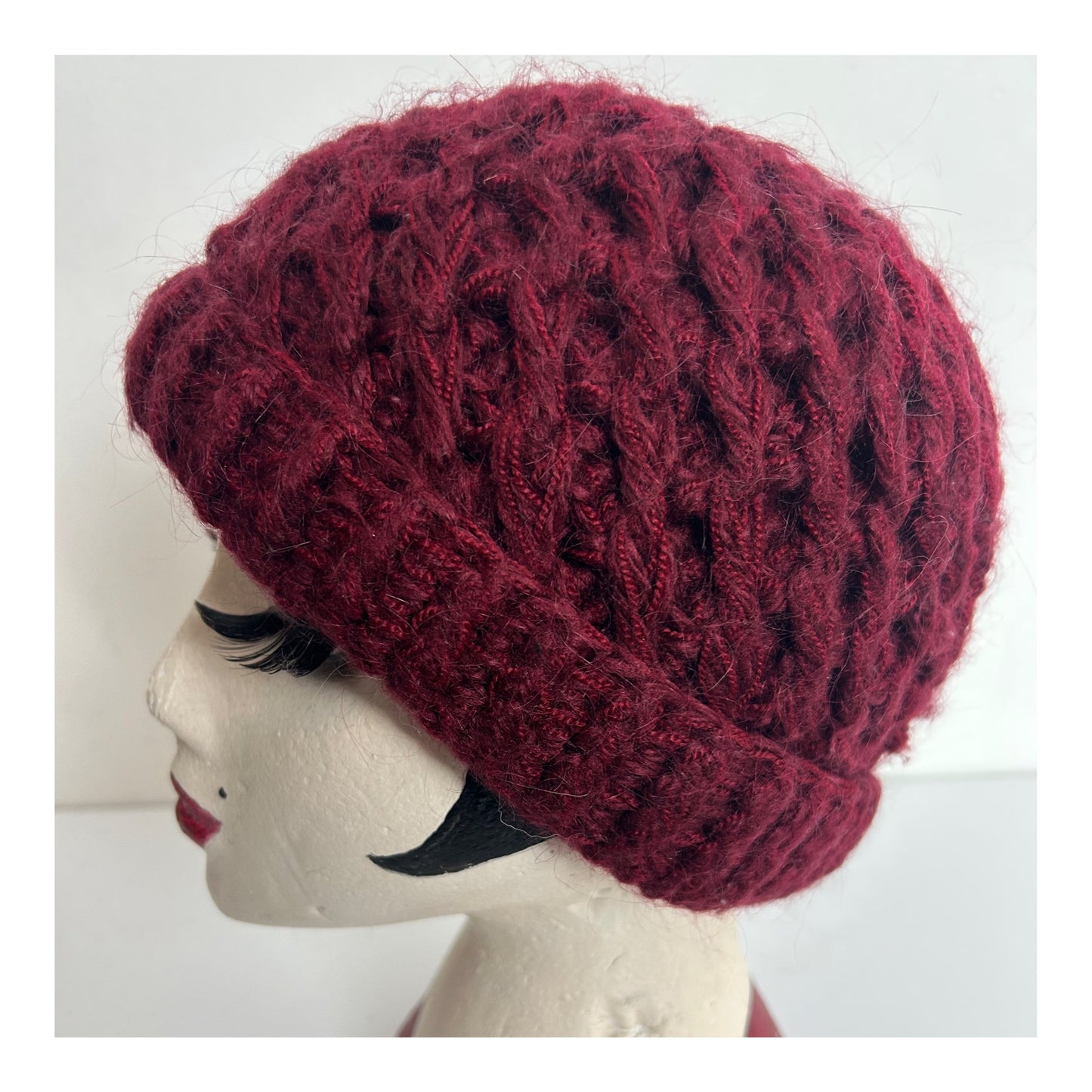 Vintage Italian Burgundy Chunky Knit Angora & Wool Mix Beanie Hat