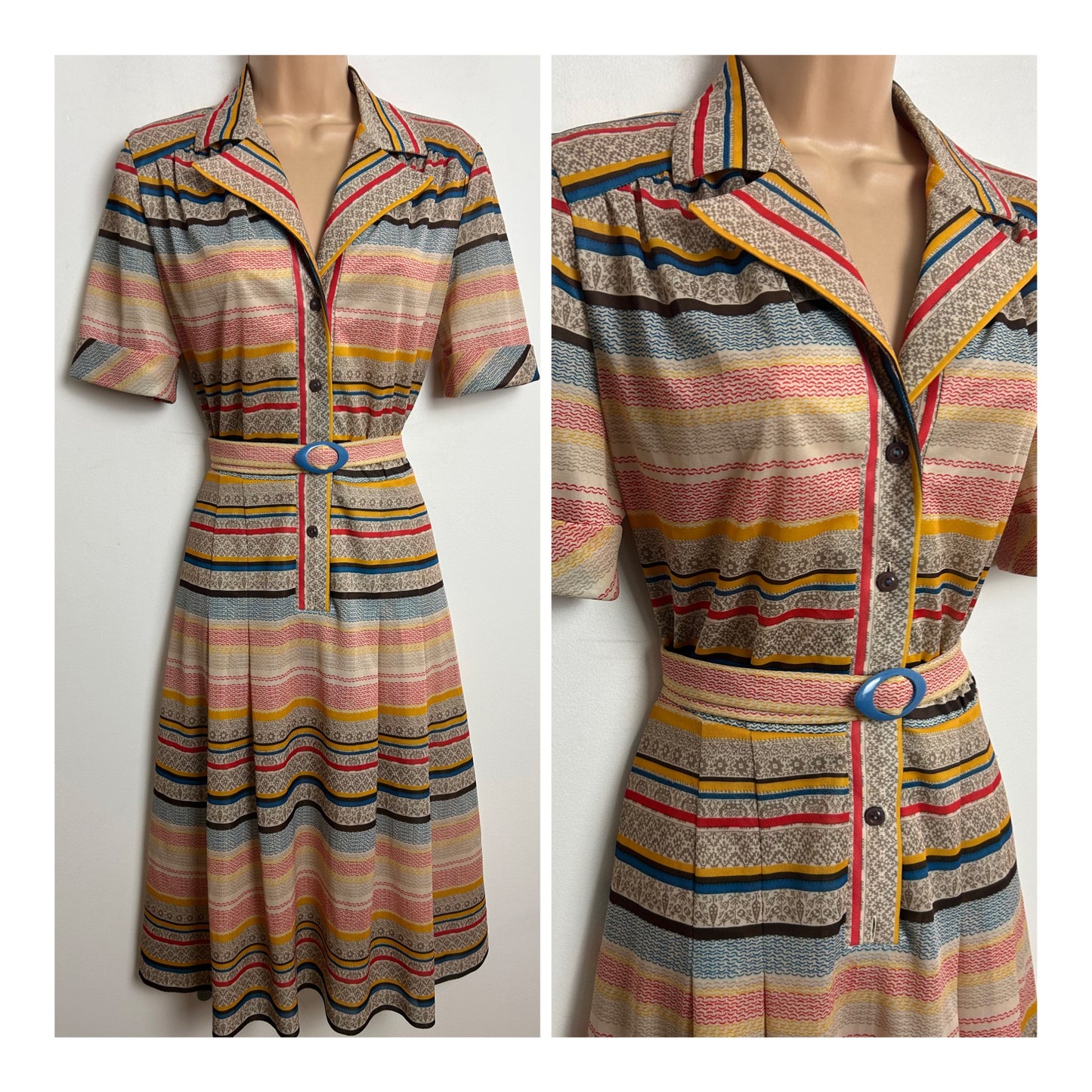 Vintage 1970s Approx Size 10 Beige Red Blue & Mustard Stripe Print Belted Pleated Day Dress