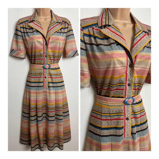 Vintage 1970s Approx Size 10 Beige Red Blue & Mustard Stripe Print Belted Pleated Day Dress