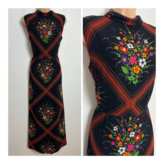 Vintage 1970s Verena Modelle Size 12 Black Orange Pink Purple & White Stripe & Floral Print Sleeveless Maxi Dress