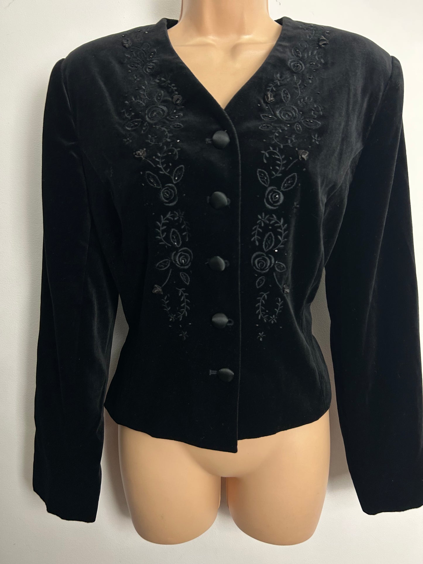 Vintage 1990 LAURA ASHLEY Size 12 Black Velvet Embroidered Bead Detail Jacket