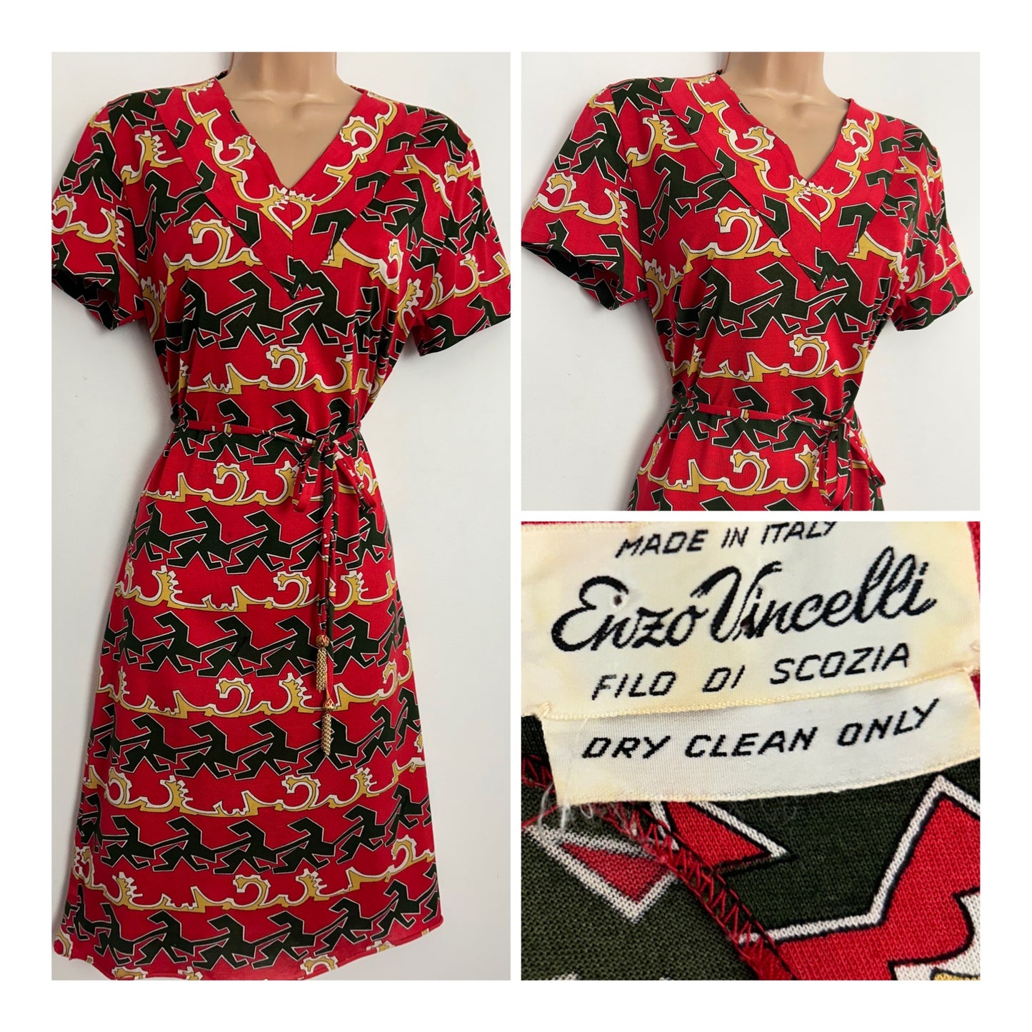 Vintage 1970s RARE ENZO VINCELLI UK Size 12 Red Dark Green & Mustard Yellow Abstract Print Signed Fabric Belted Cotton Mix Dress