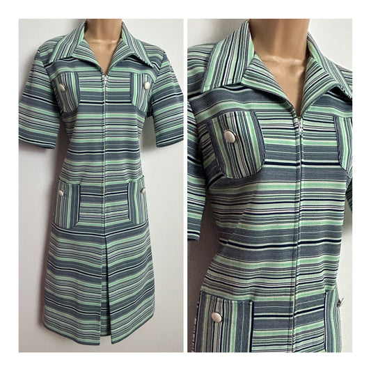 Vintage 1970s MISS JEANNIE Size 14 Navy Blue Green & White Stripe Print Pocket Detail Zip Front Shift Mod Dress