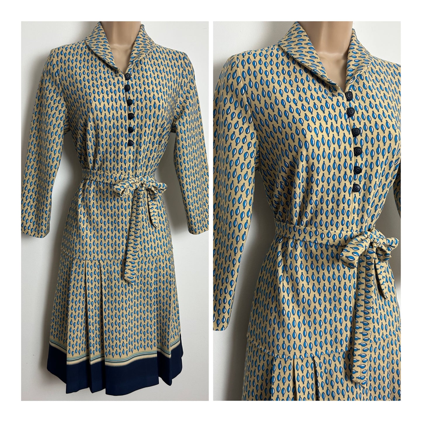 Vintage 1970s Size 10 Beige Blue & White Abstract Print Belted Pleated Mod Day Dress