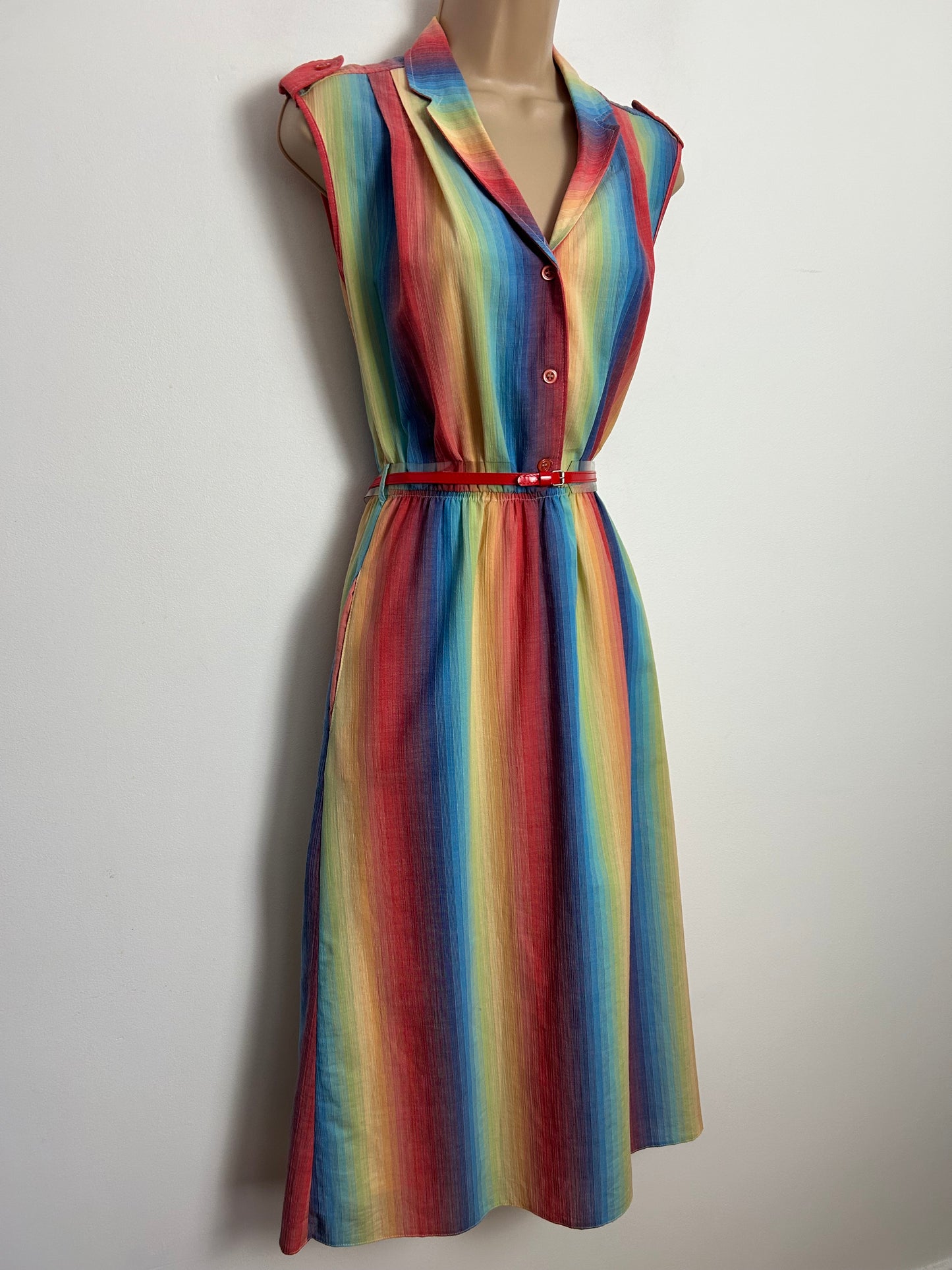 Vintage Early 1980s UK Size 10 Orange Red Yellow Green & Blue Stripe Print Belted Cotton Day Dress