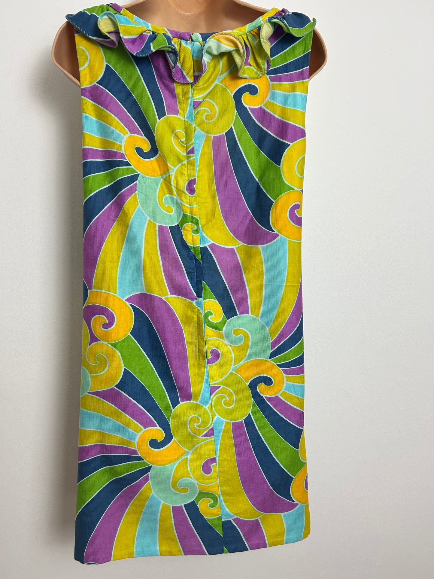 Vintage 1960s Size 10-12 Yellow Blue Purple & Green Swirl Print Ruffle Trim Shift Dress