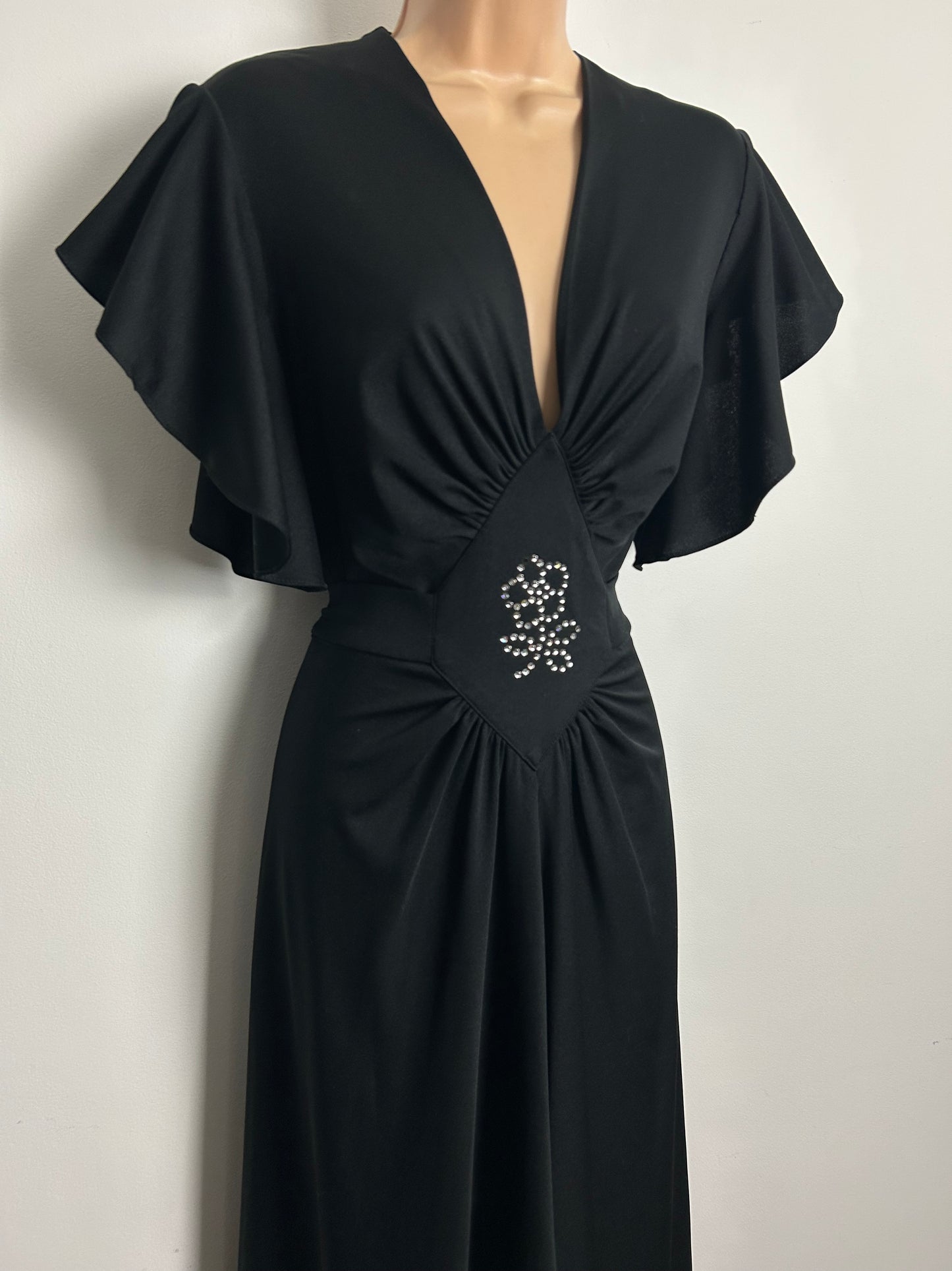 Vintage 1970s Size 14 Black Rhinestone Detail Ruffle Sleeve Tie Back Evening Maxi Dress