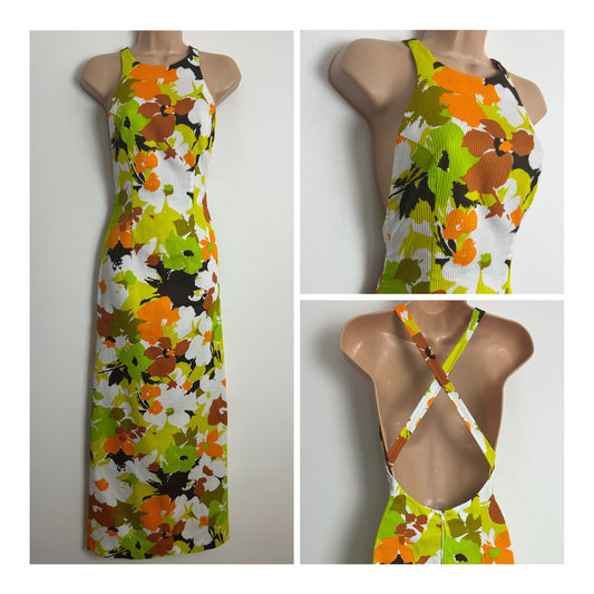 Vintage 1970s Size 4-6 White Orange Green & Brown Floral Print Cross Strap Summer Maxi Dress