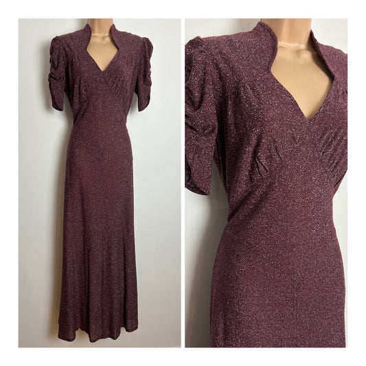 Vintage 1970s Size 12 Brick Red Lurex Short Ruched Sleeve Tie Back Evening Maxi Dress