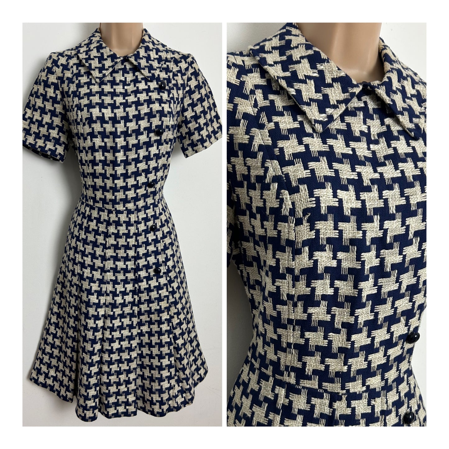 Vintage 1960s Size 8 Navy Blue & Cream Embroidered Dogtooth Check Mod Dress