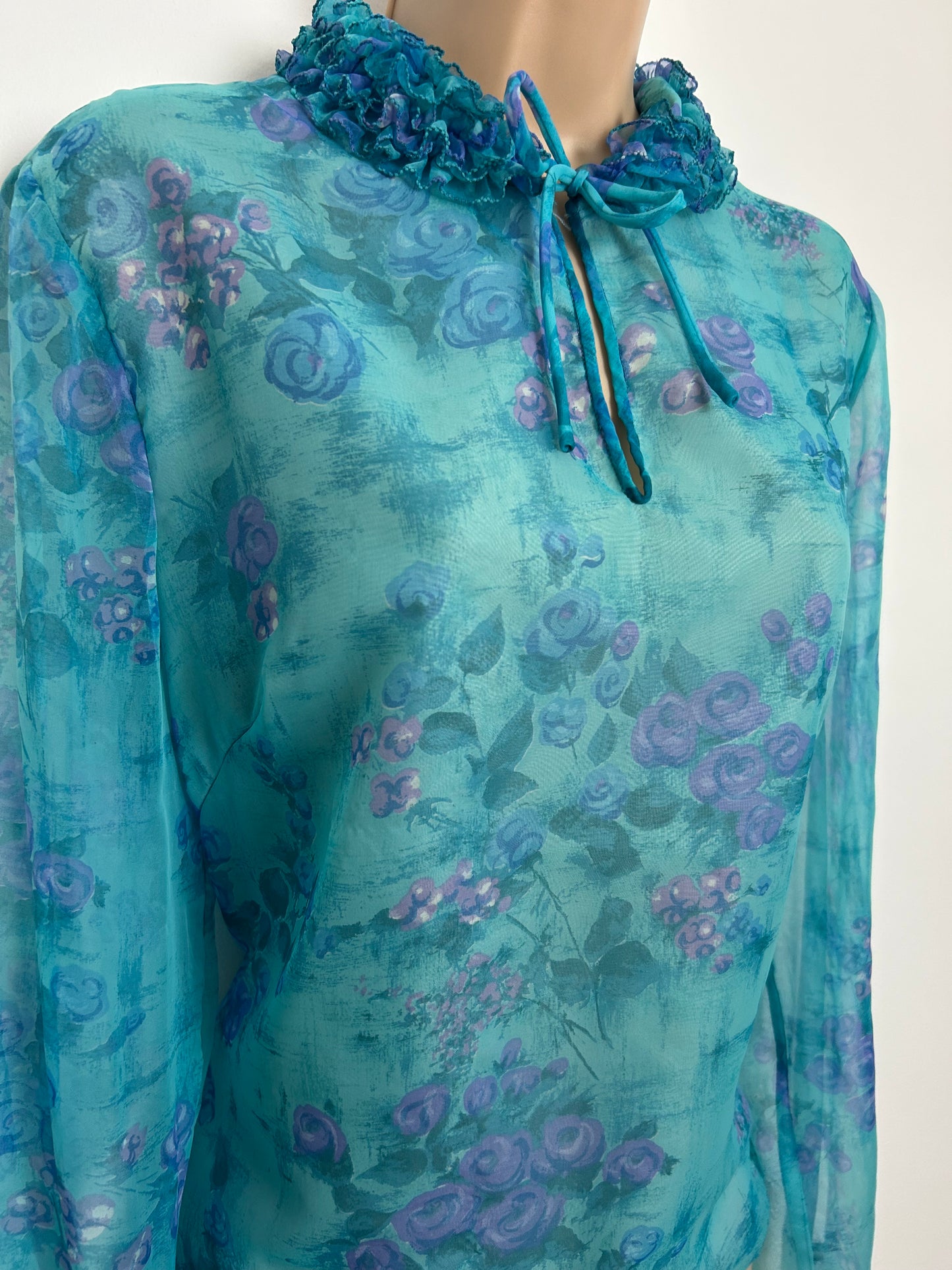 Vintage Late 1960s ST MICHAEL Size 12 Turquoise & Pink Ruffle Tie Neck Nylon Chiffon Blouse