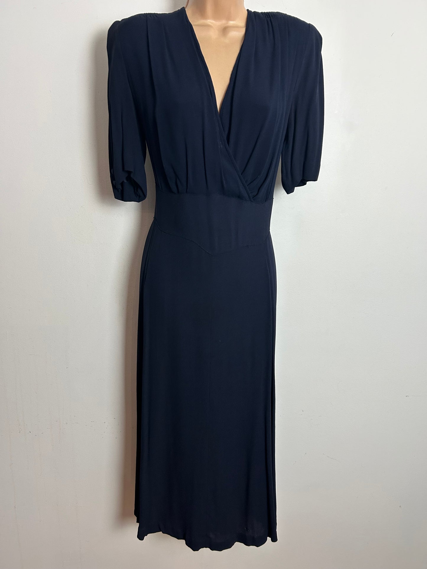 Vintage 1940s Size 12 Navy Blue Rayon Wartime WW2 Era Landgirls Rayon Tea Dress