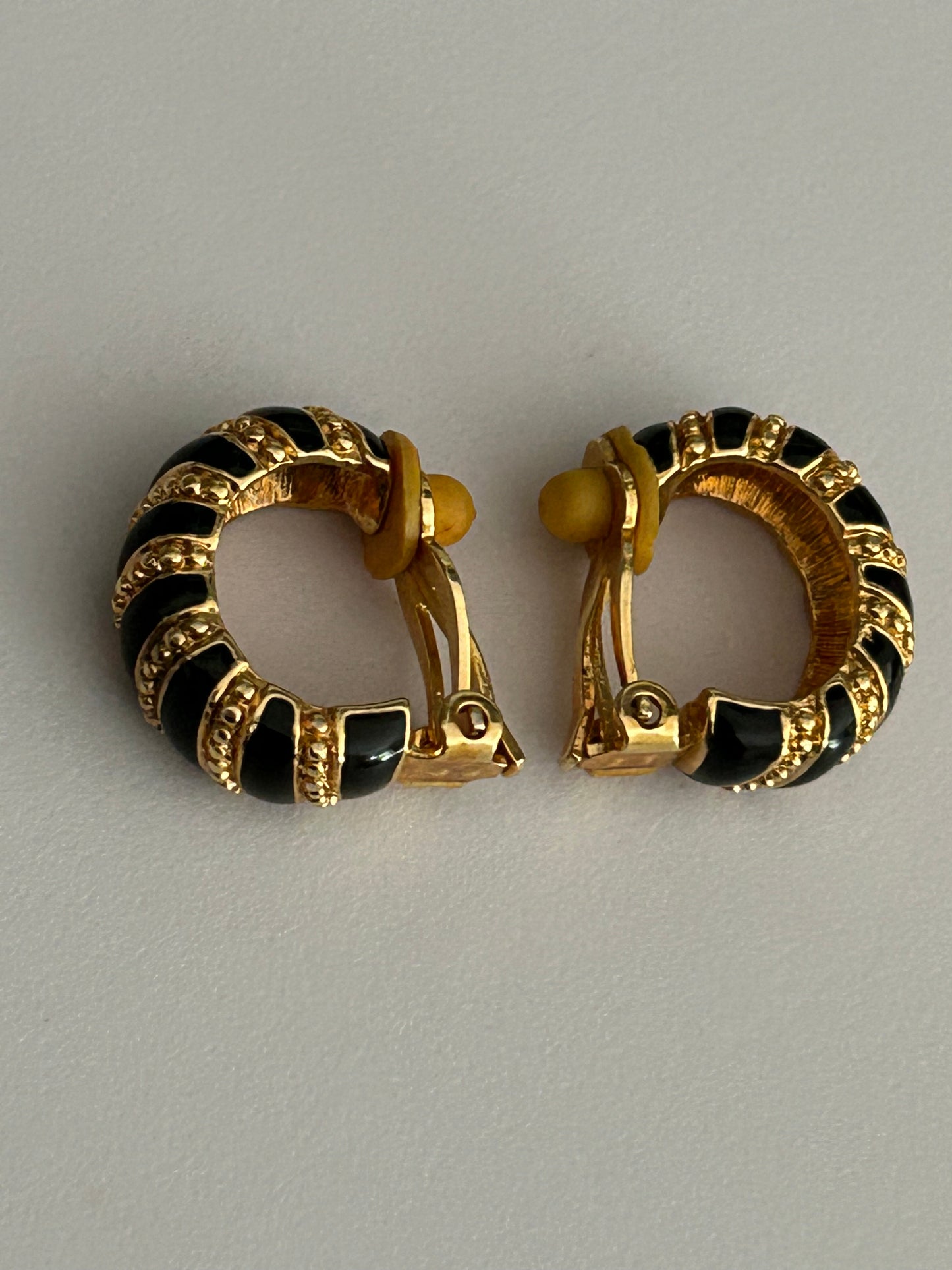 Vintage 1960s Gold Tone & Black Enamel Clip On Chunky Hoop Earrings