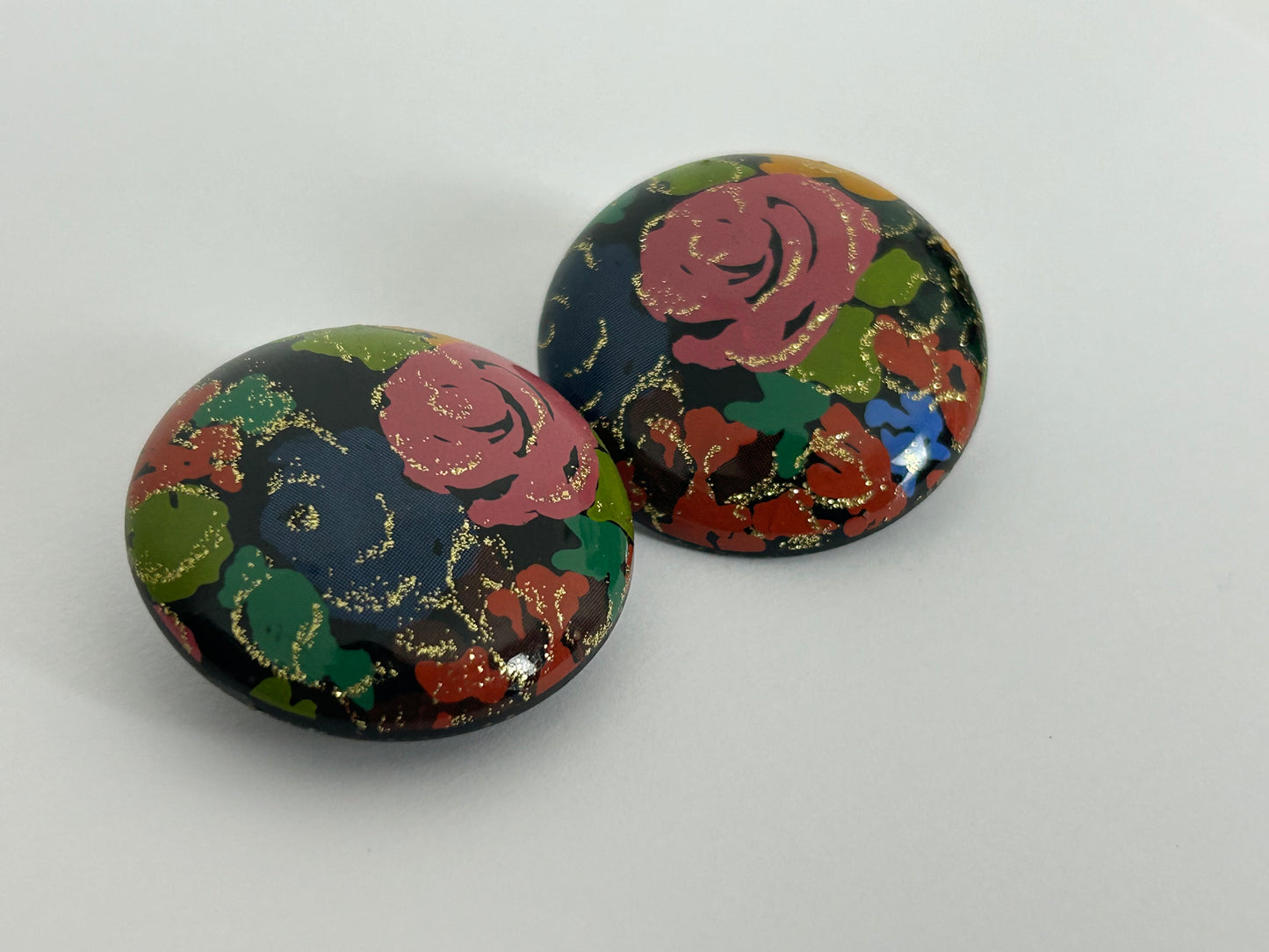 Vintage 1980s Blue Pink & Green Floral Glittery Large Round Clip On Earrings