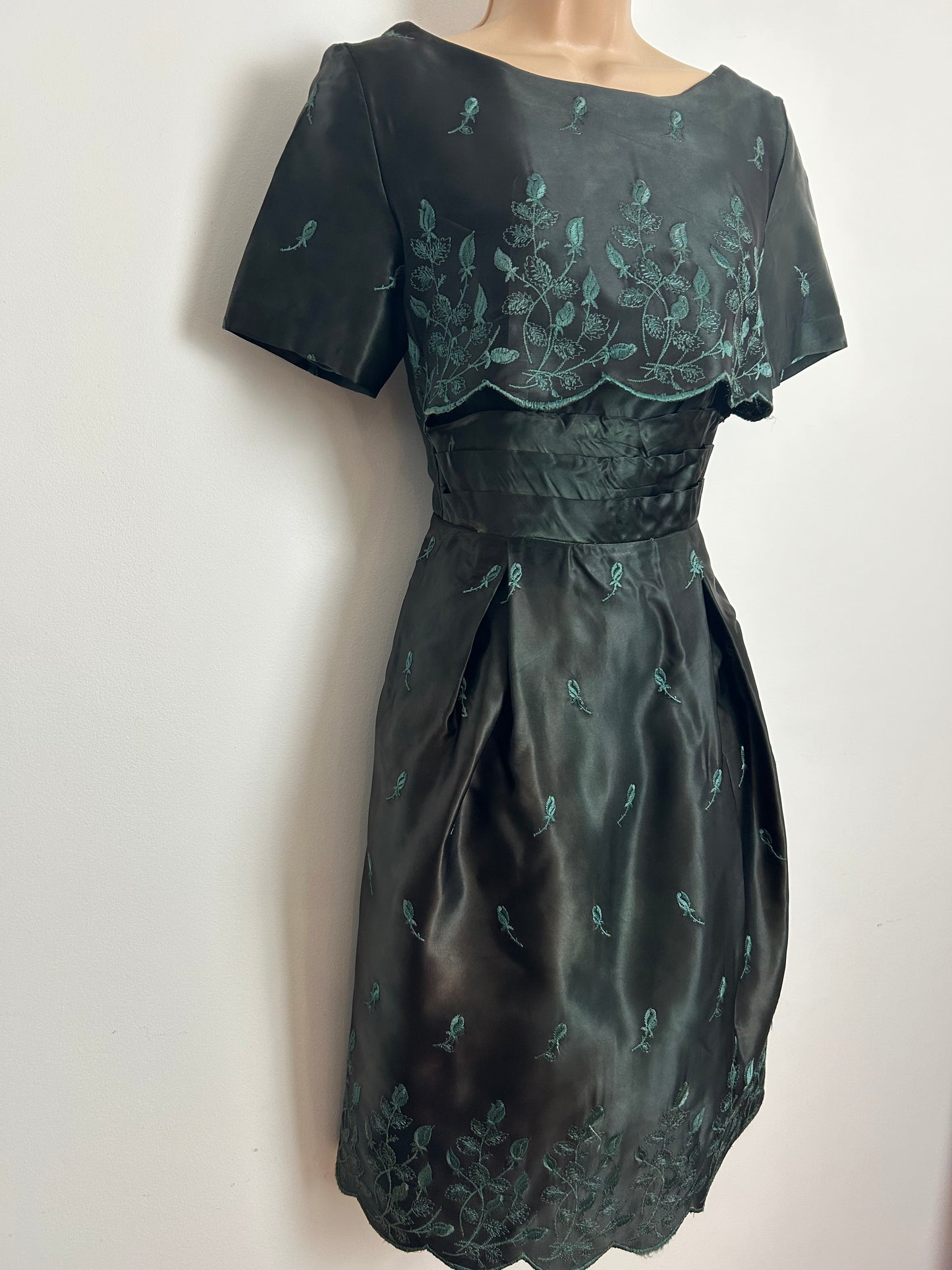 Vintage Late 1950s Size 6-8 Very Dark Green Satin Embroidered Scallop Layered Occasion Dress