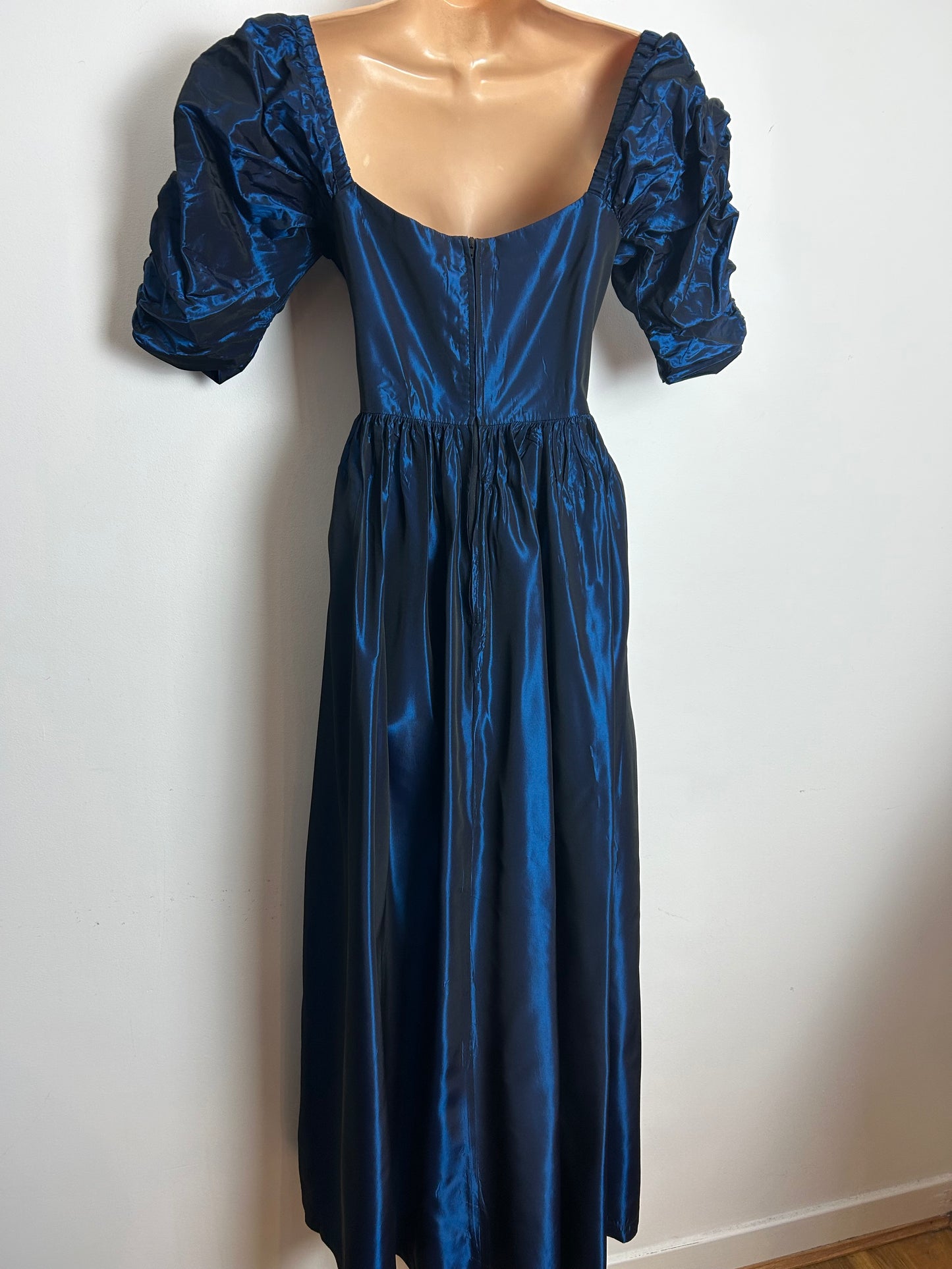 Vintage 1980s LAURA ASHLEY Made In Rep of Ireland Size 12 Midnight Blue Taffeta Maxi Length Evening Gown With Matching Bow Hair Clip