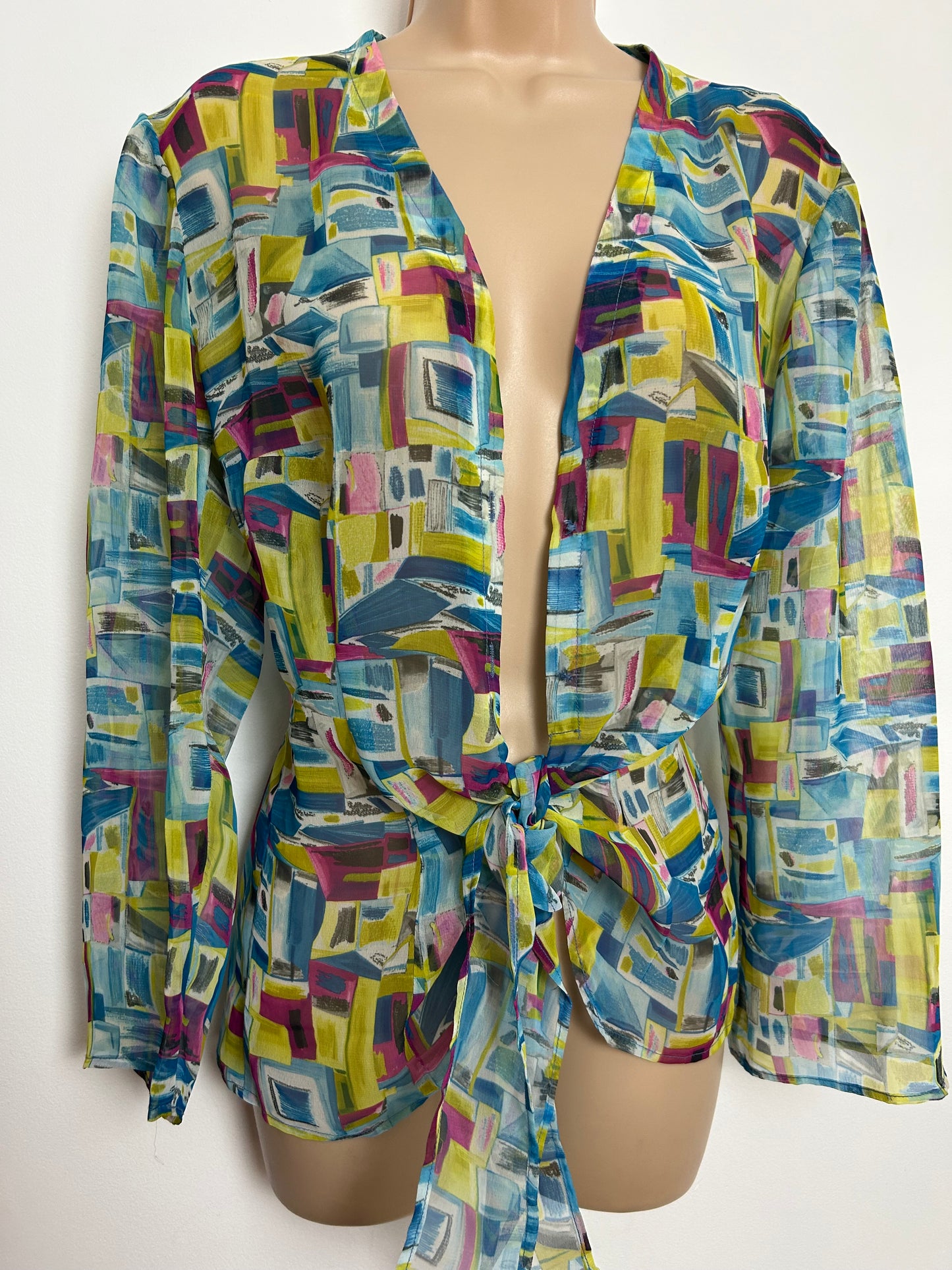 Vintage 1980s Size 12 Blue Pink & Yellowy Green Abstract Print Semi Sheer Tie Front Cover Up Top
