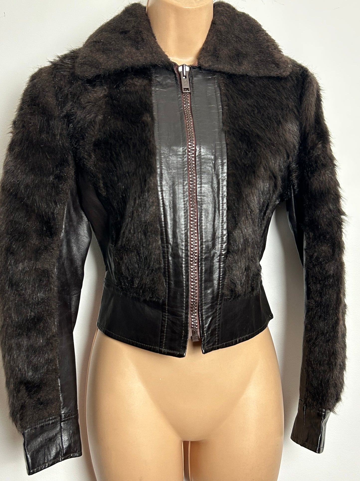 Vintage 1980s SCAN Size 10 Brown Faux Leather & Faux Fur Cropped Zip Up Jacket