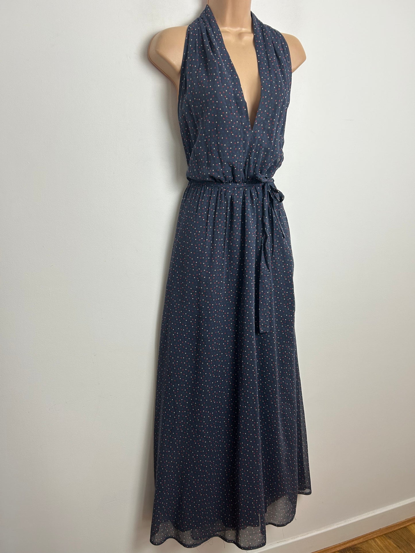 Vintage 1970s NUMBER FIVE Size 10 Dark Grey Red Polka Dot Halter Belted Summer Maxi Dress (Copy)