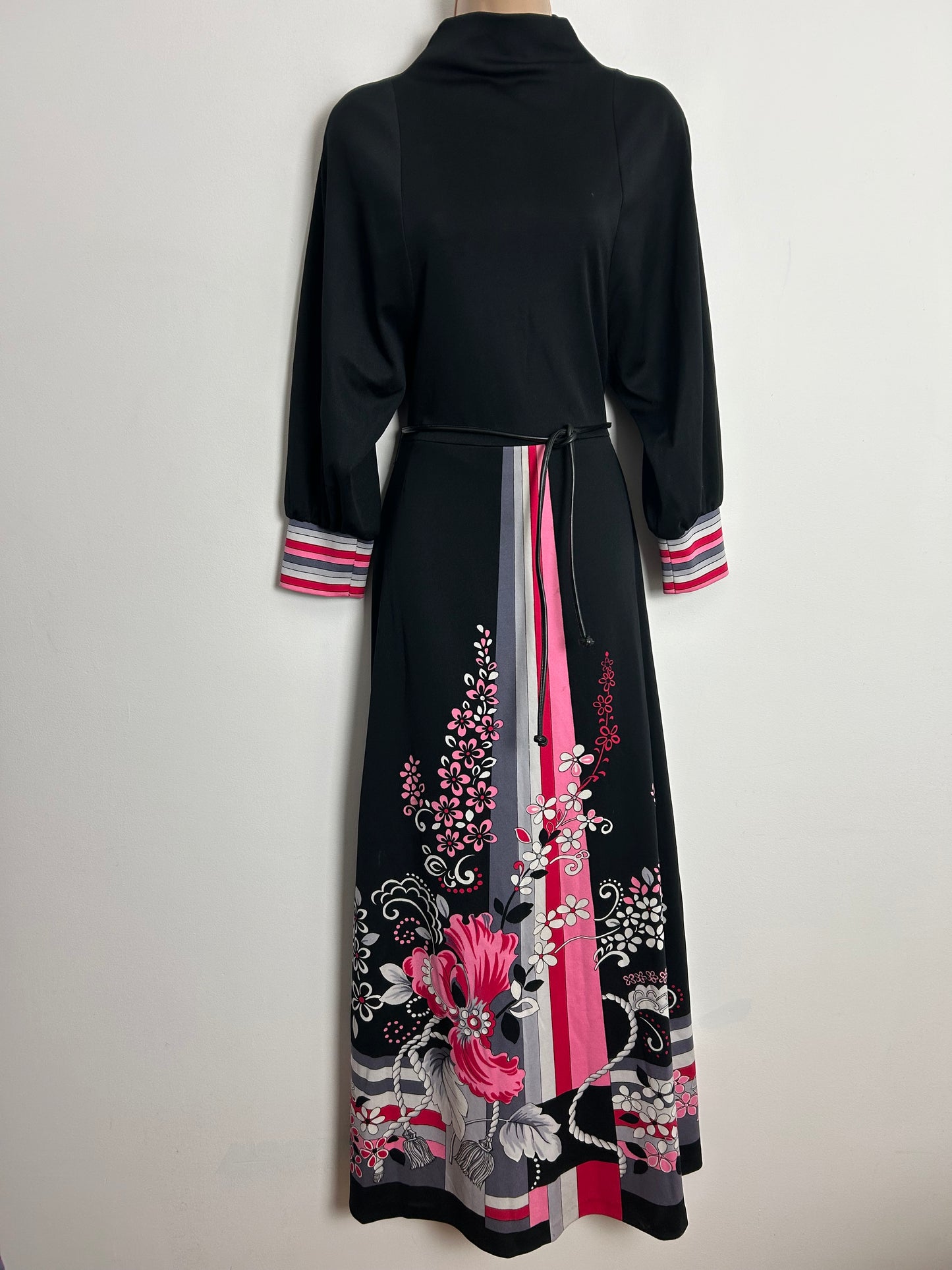 Vintage 1970s ALCRON UK Size 6-8 Black Pink Grey & White Floral & Stripe Print Maxi Dress