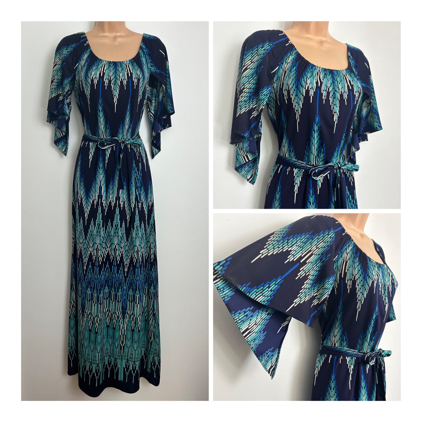 Vintage 1970s BILYTIS PARIS Size 8 Navy Turquoise & White Dash Stripe Print Mid Sleeve Maxi Dress