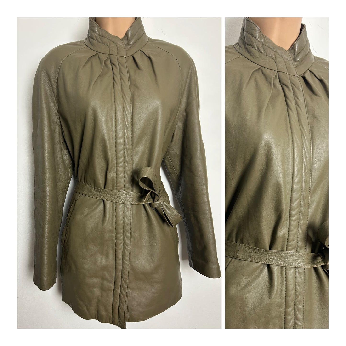 Vintage 1980s ITALIAN Size 12-14 Taupe Belted Soft Leather Coat
