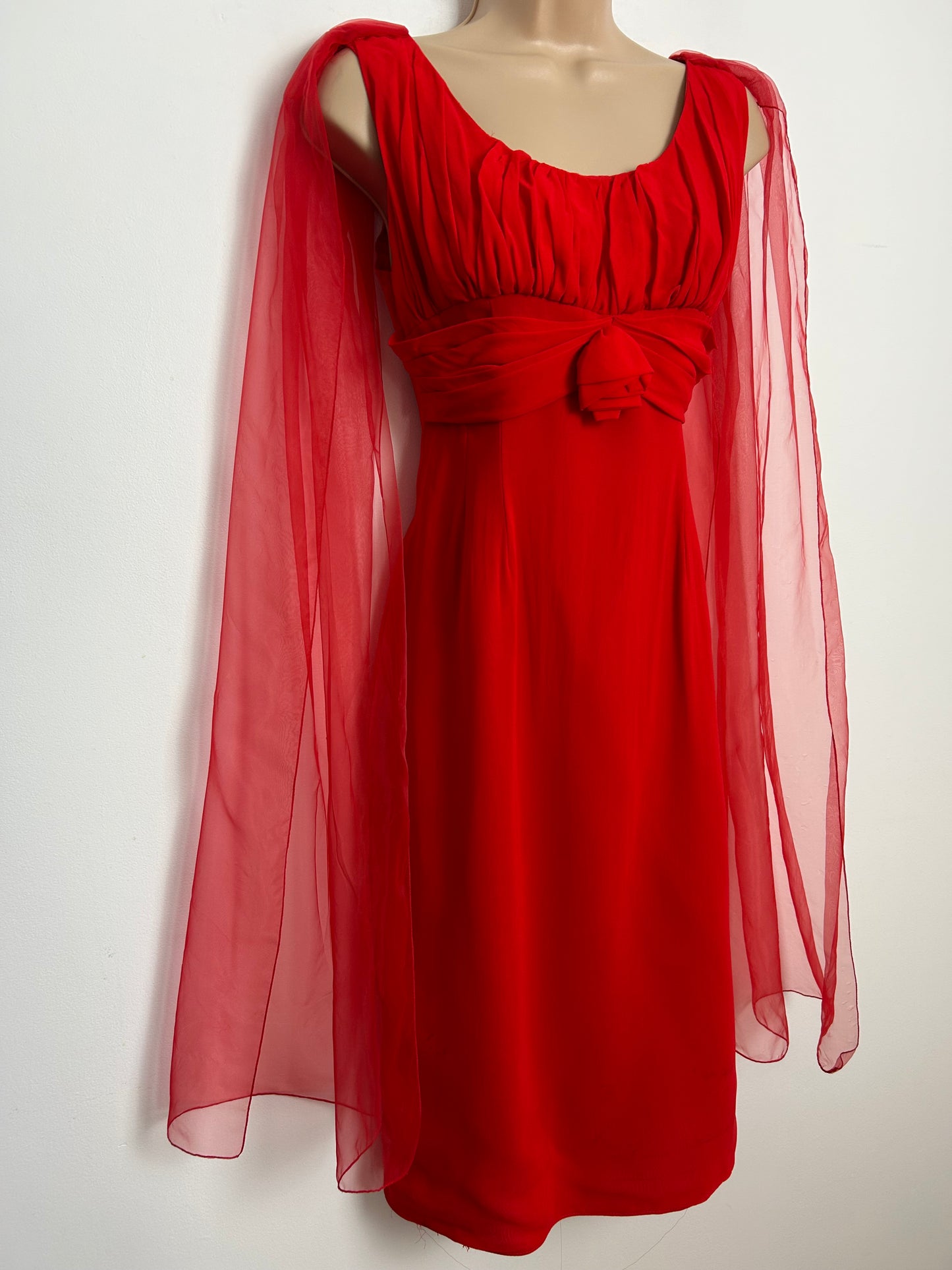 Vintage 1960s Size 8 Red Chiffon Watteau Shoulder Train Fitted Wiggle Occasion Evening Dress
