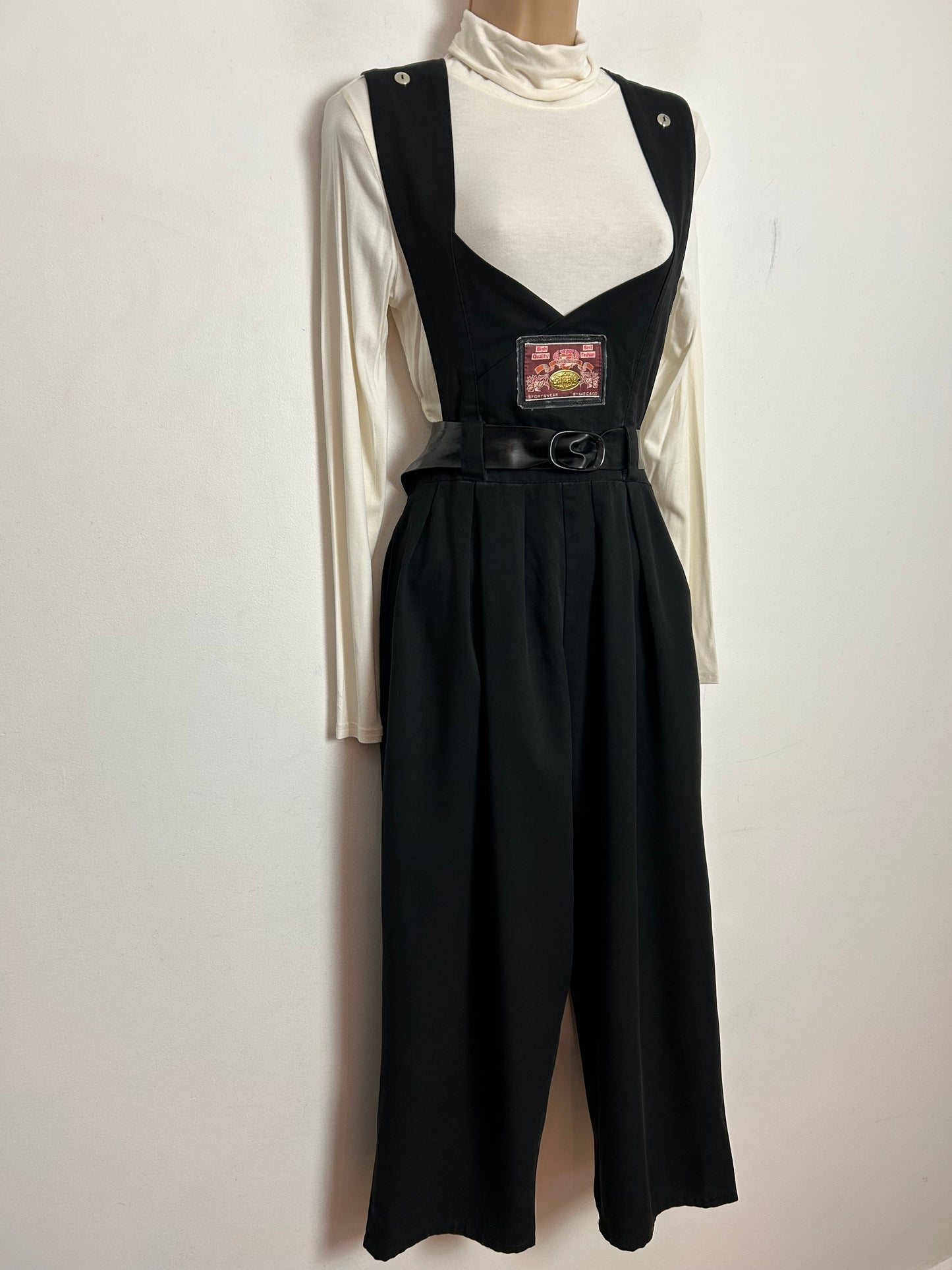 Vintage 1980s UK Size 10 Black Low Front Wide Straps Belted Cropped Wide Leg Jumpsuit