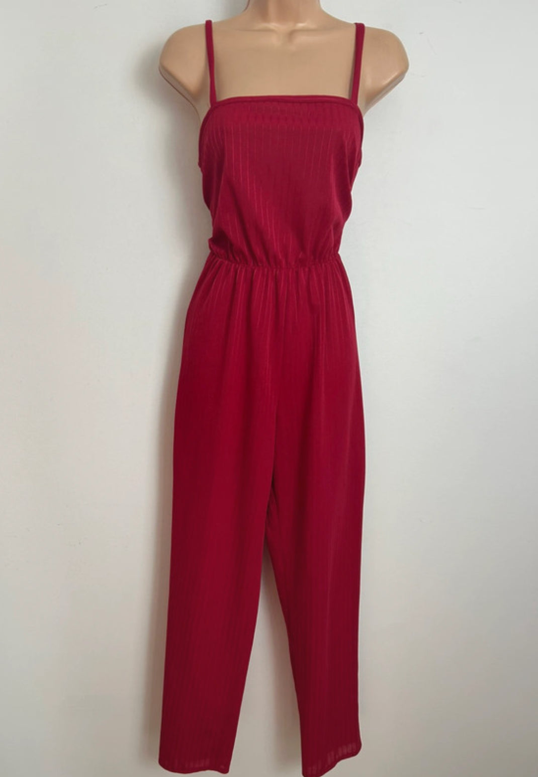Vintage Late 1970s Size 8/10 Raspberry Red Stripe Strappy Tapered Leg Jumpsuit