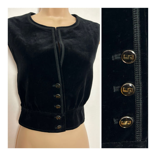 Vintage 1970s UK Size 8 Black Velvet Button Up Waistcoat