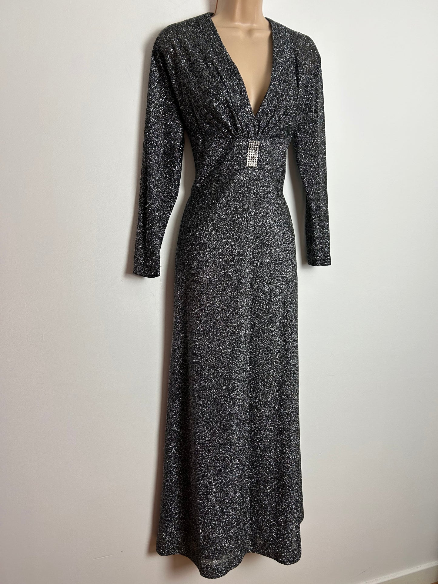 Vintage 1970s UK Size 8 Black & Silver Glittery Lurex Plunge Neck Long Sleeve Occasion Evening Maxi Dress