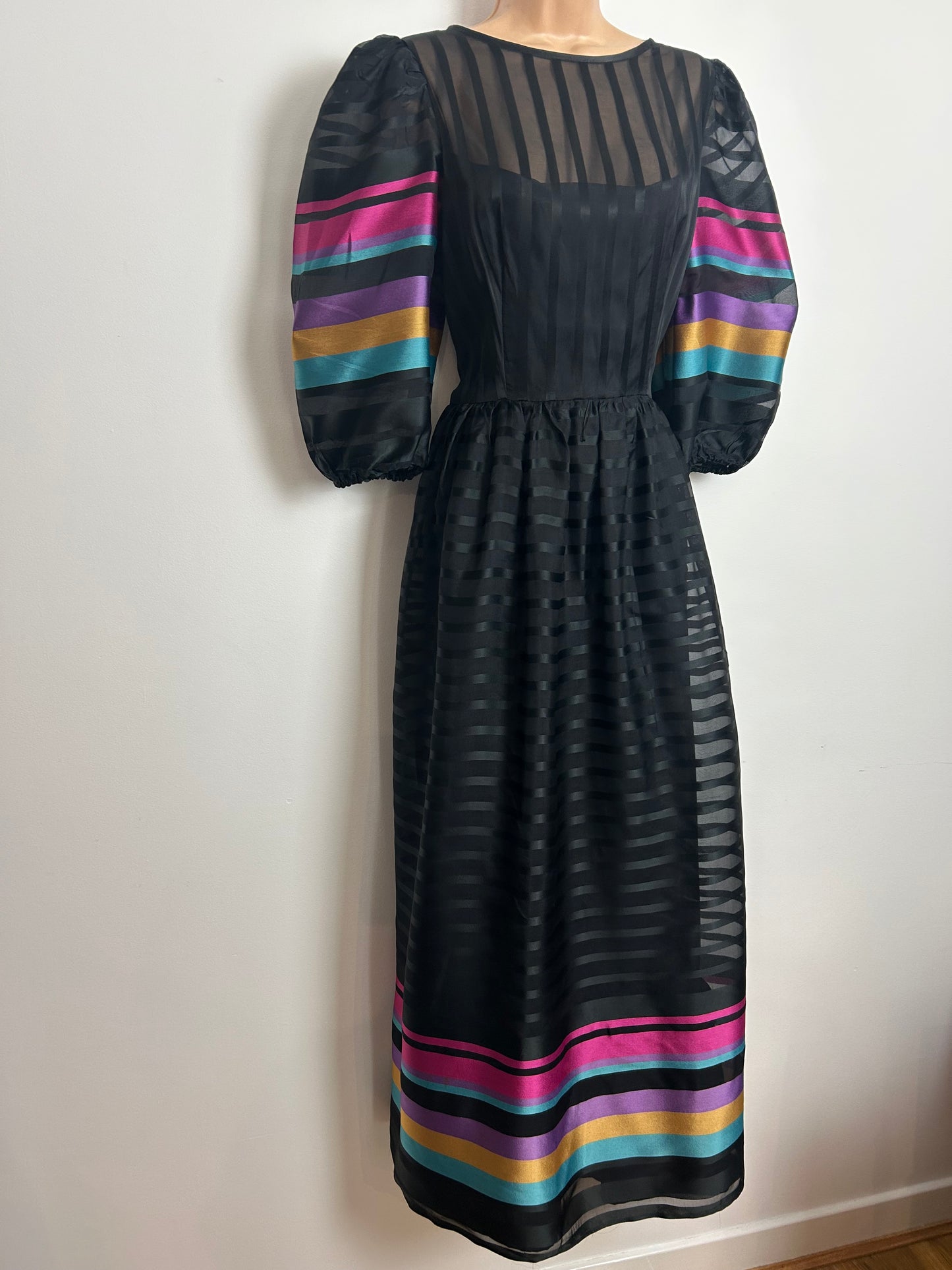Vintage 1980s CHARADE Size 10-12 Black Blue Pink Mustard & Purple Stripe Print Maxi Dress