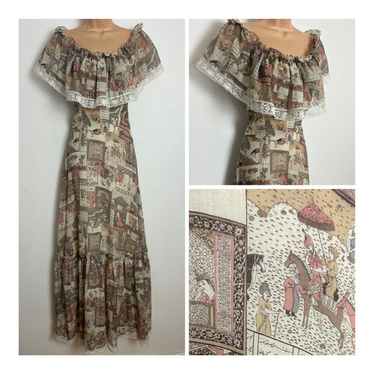 Vintage 1970s PETER ELLIS Size 6-8 Cream Brown & Dusky Pink Intricate Persian Novelty Print Boho Maxi Dress