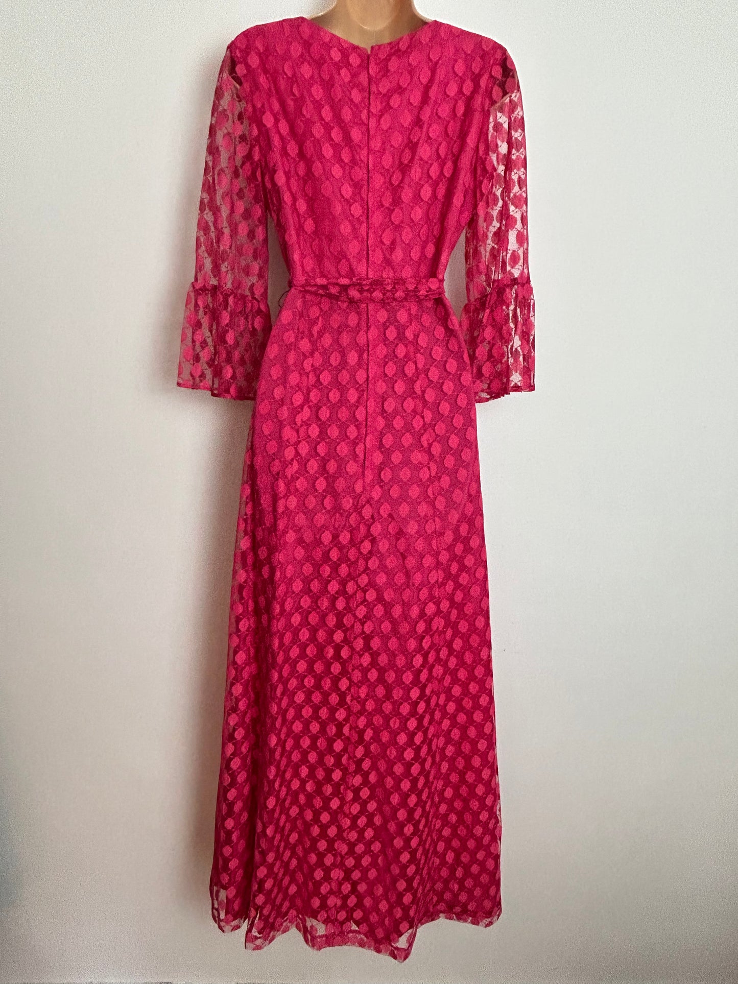 Vintage Late 1960s RICCI MICHAELS OF MAYFAIR UK Size 10 Hot Pink Spotty Lace Occasion Evening Maxi Dress